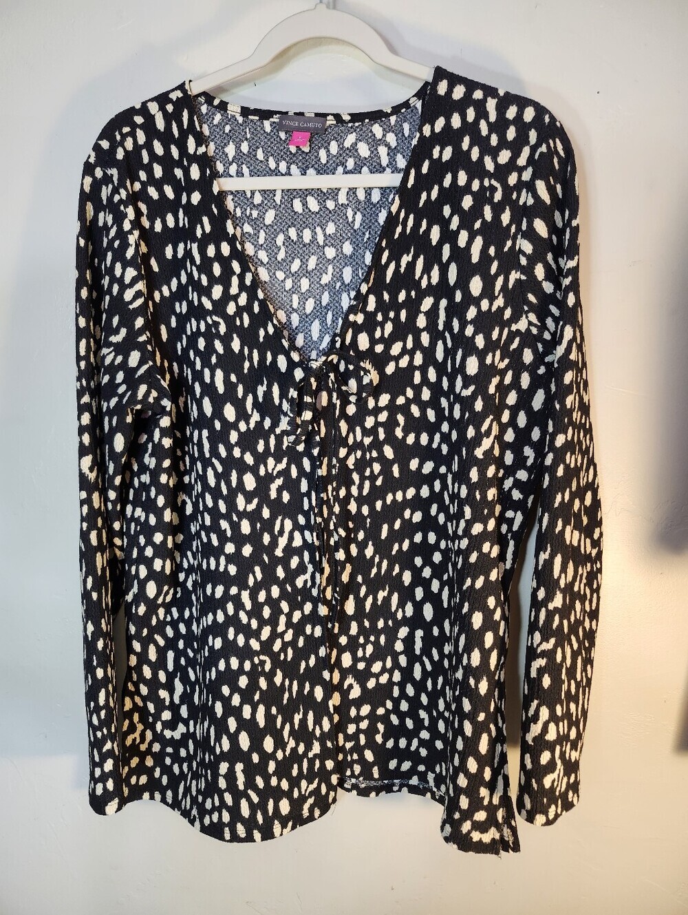 Vince Camuto Black and Cream Spot-Print Tie-Front V-Neck Tunic